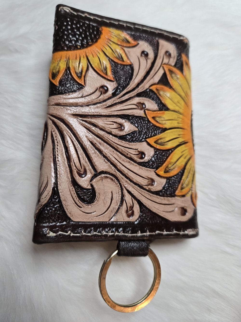 Genuine Leather Handtooled Sunflower Keychain Wallet NWOT - Picture 2 of 4